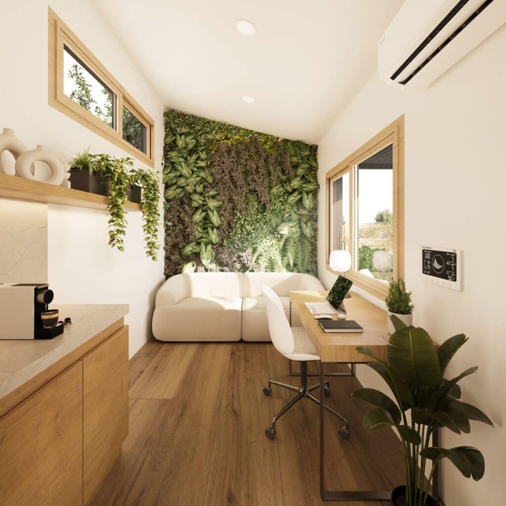 Capsule interior render with biophilic wall